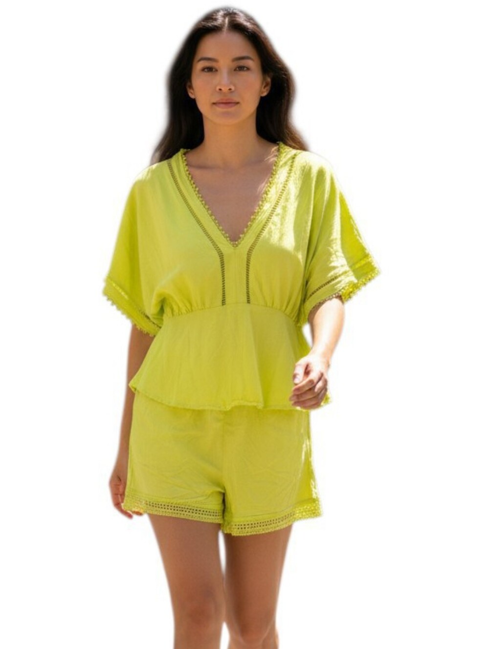 RACHEL Rachel Roy Neon Yellow Green Viscose Linen Resort Beach 2 Piece Set Sz M